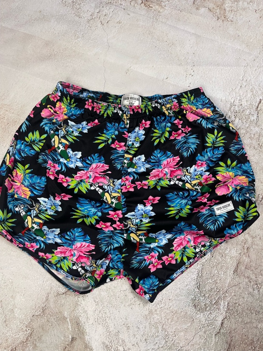 Tropical Floral Athletic Shorts in Black with Pink & Blue Accents